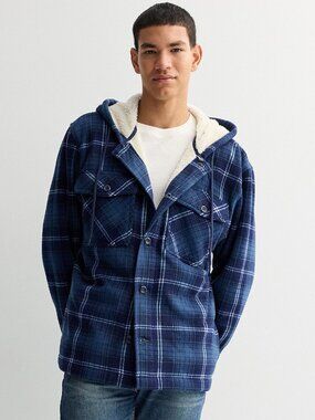 TRINITY COAST SHERPA-LINED BLUE PLAID HOODED POLAR FLEECE JACKET SZ MED NWT